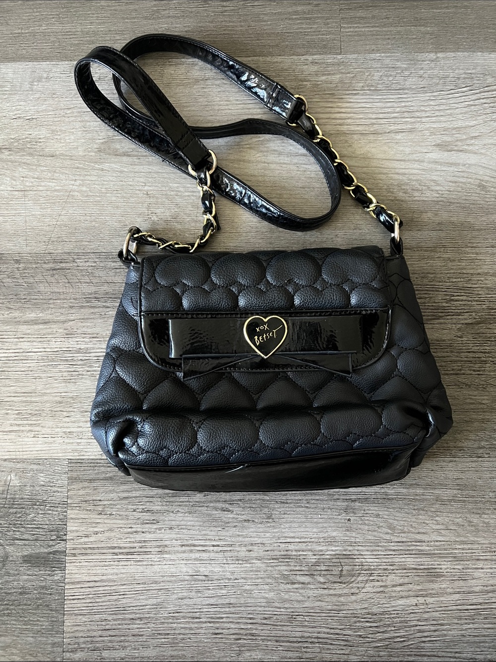 Betsey Johnson Black Quilted Heart-Accent Crossbody
